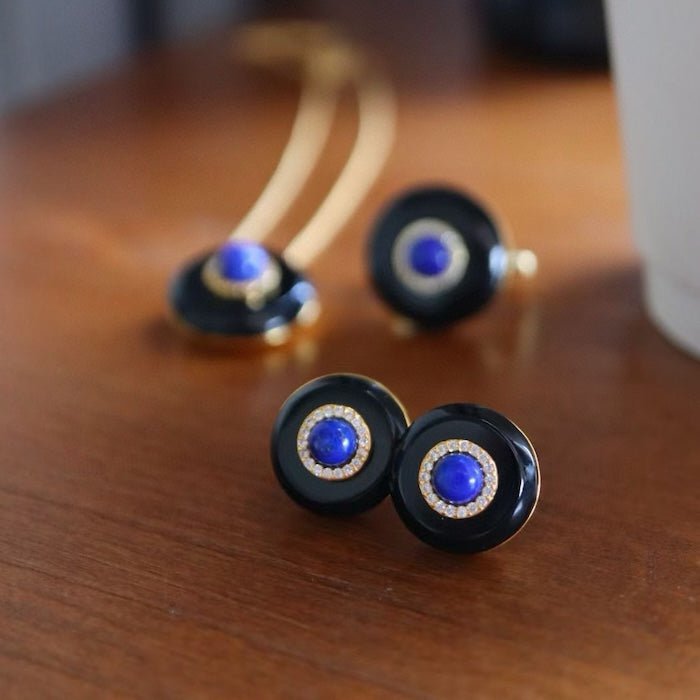 Schwarze Onyx -Ohrringe - Lapis Lazuli und Green Onyx