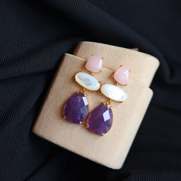 Einzigartige Design-Amethyst-Rosenquarz-Stein-Ohrringe