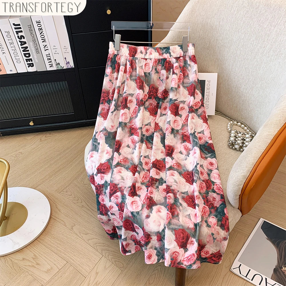 Plus-size women's summer casual commute loose comfortable skirt Flower print A-line high waist elastic waist long skirt large