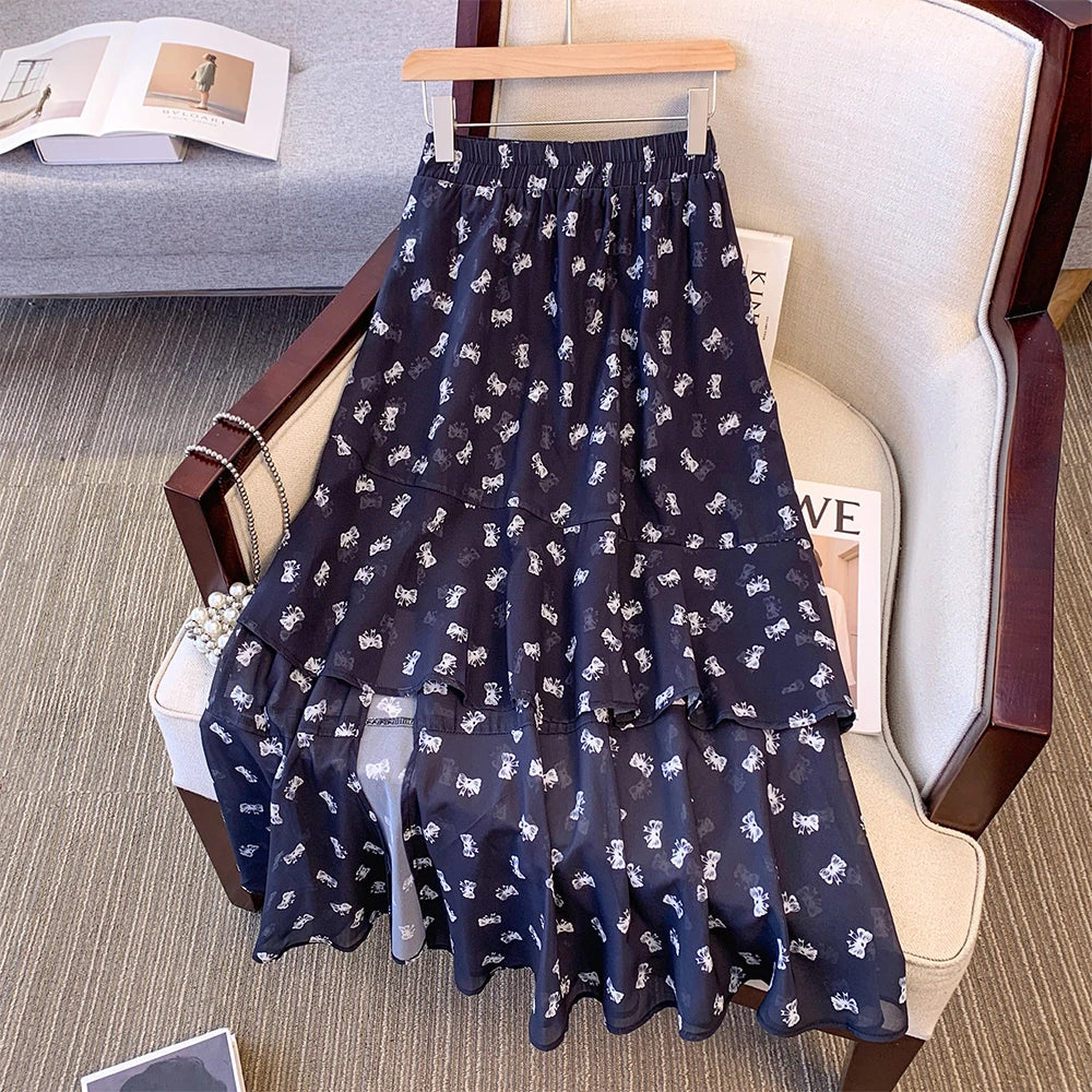 Plus size women's summer casual skirt Chiffon fabric loose comfortable breathable print skirt slit hem layer design party dress