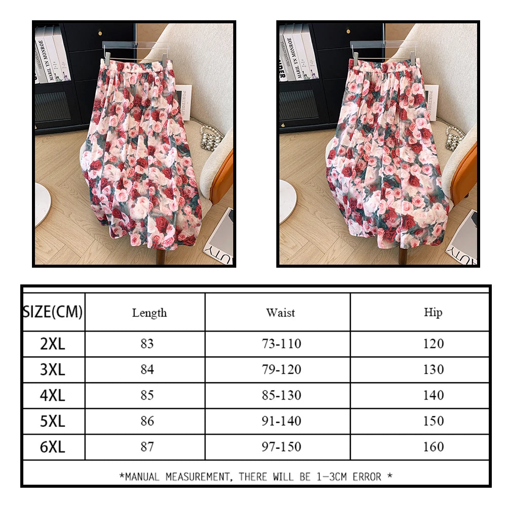 Plus-size women's summer casual commute loose comfortable skirt Flower print A-line high waist elastic waist long skirt large