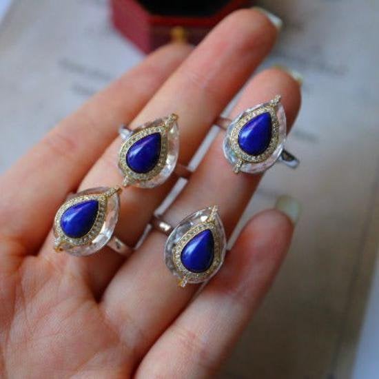 Lapislazuli Pear-Cut Clear Quartz Crystal Ring