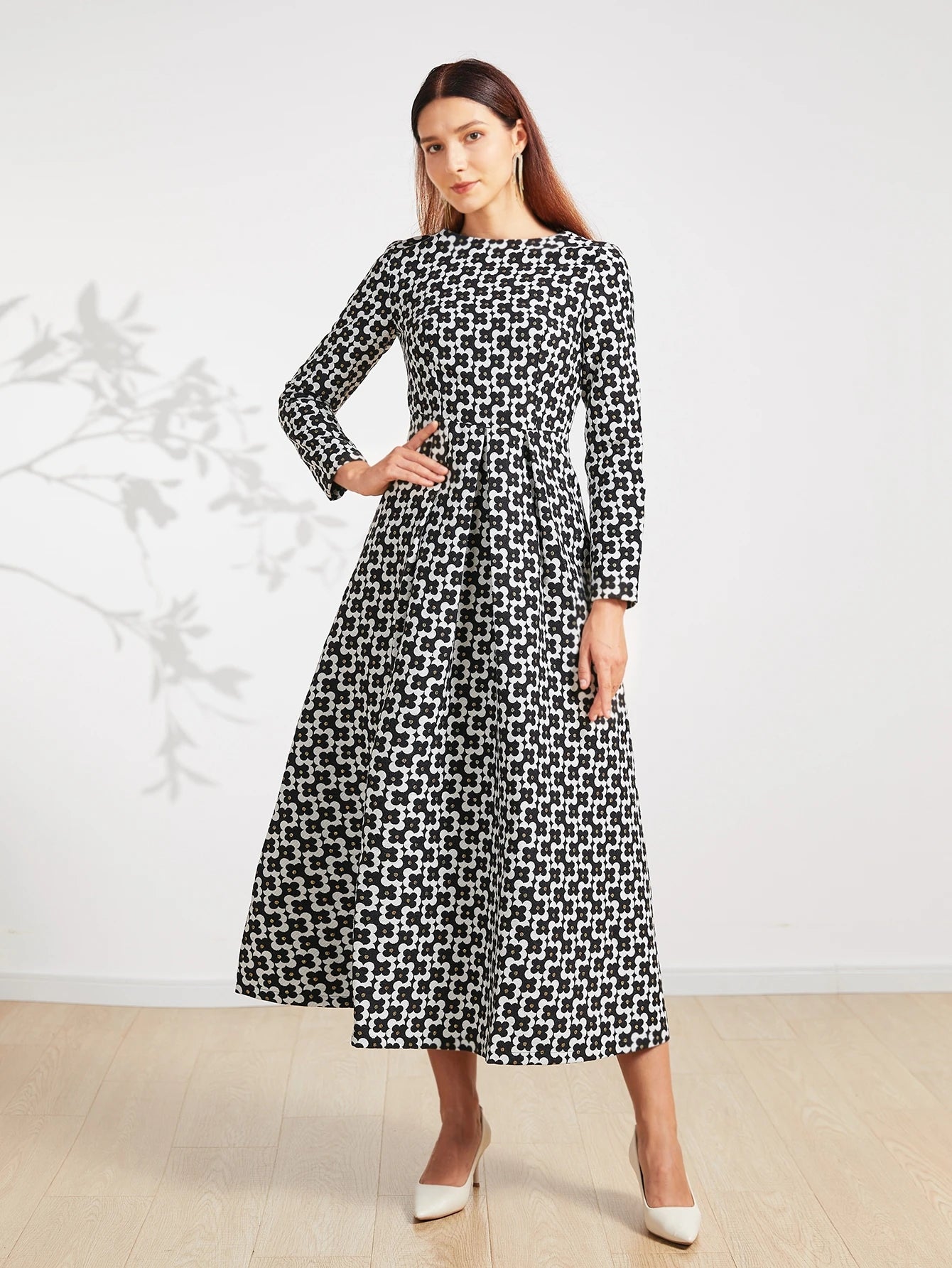 DEVCHATA Luxury Women Vintage Gold Thread Jacquard Long Sleeve Dress Fashion Spring Autumn Floral Ladies Party dresses Clothing