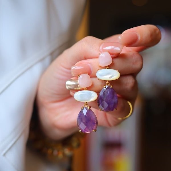Einzigartige Design-Amethyst-Rosenquarz-Stein-Ohrringe