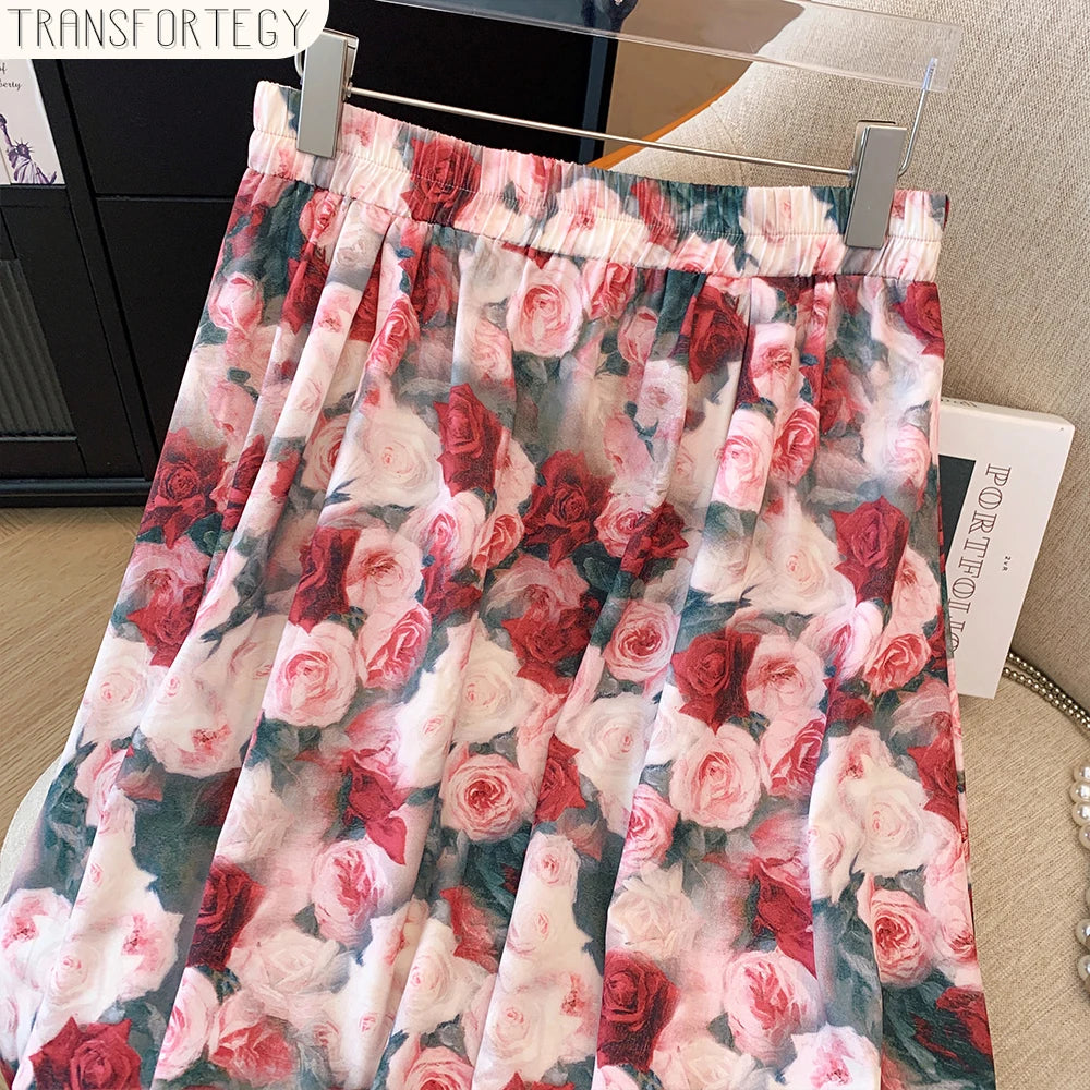 Plus-size women's summer casual commute loose comfortable skirt Flower print A-line high waist elastic waist long skirt large