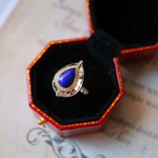 Lapislazuli Pear-Cut Clear Quartz Crystal Ring