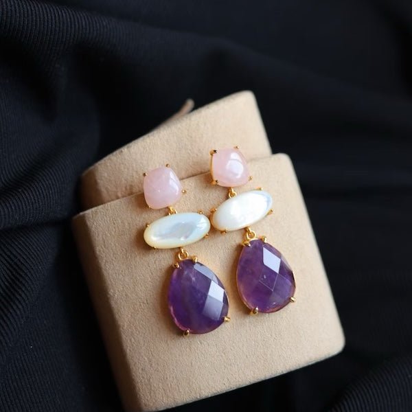 Einzigartige Design-Amethyst-Rosenquarz-Stein-Ohrringe