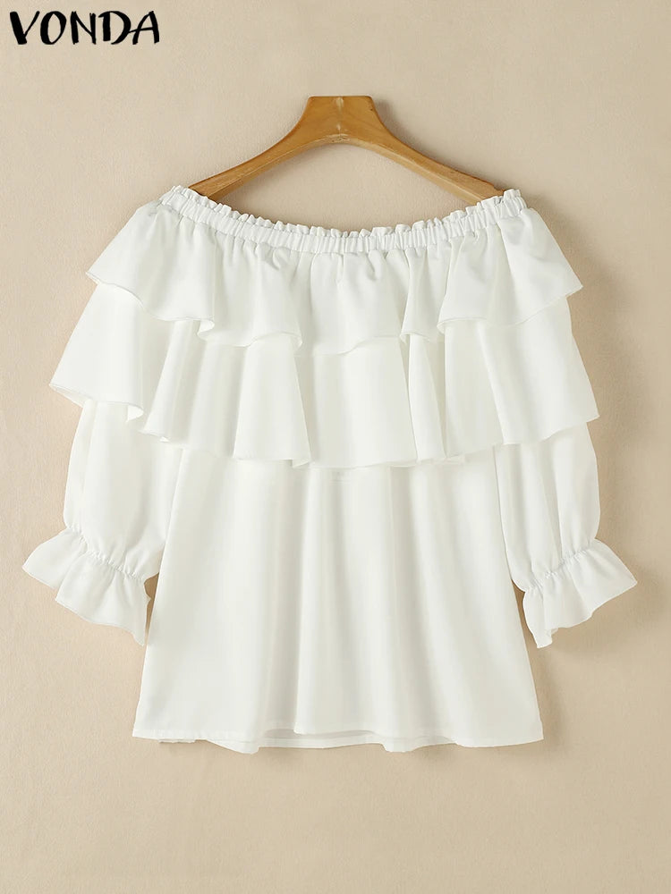 Plus Size 5XL VONDA Women Blouse Fashion Solid Color Off Shoulder Tunic 2024 Casual Multi-layer Ruffle Shirts Bohemian Tops