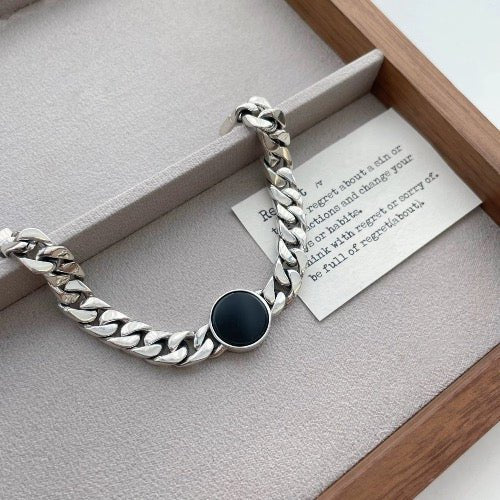 Kubanisches Kettenarmband aus Sterlingsilber – Schwarzer Onyx