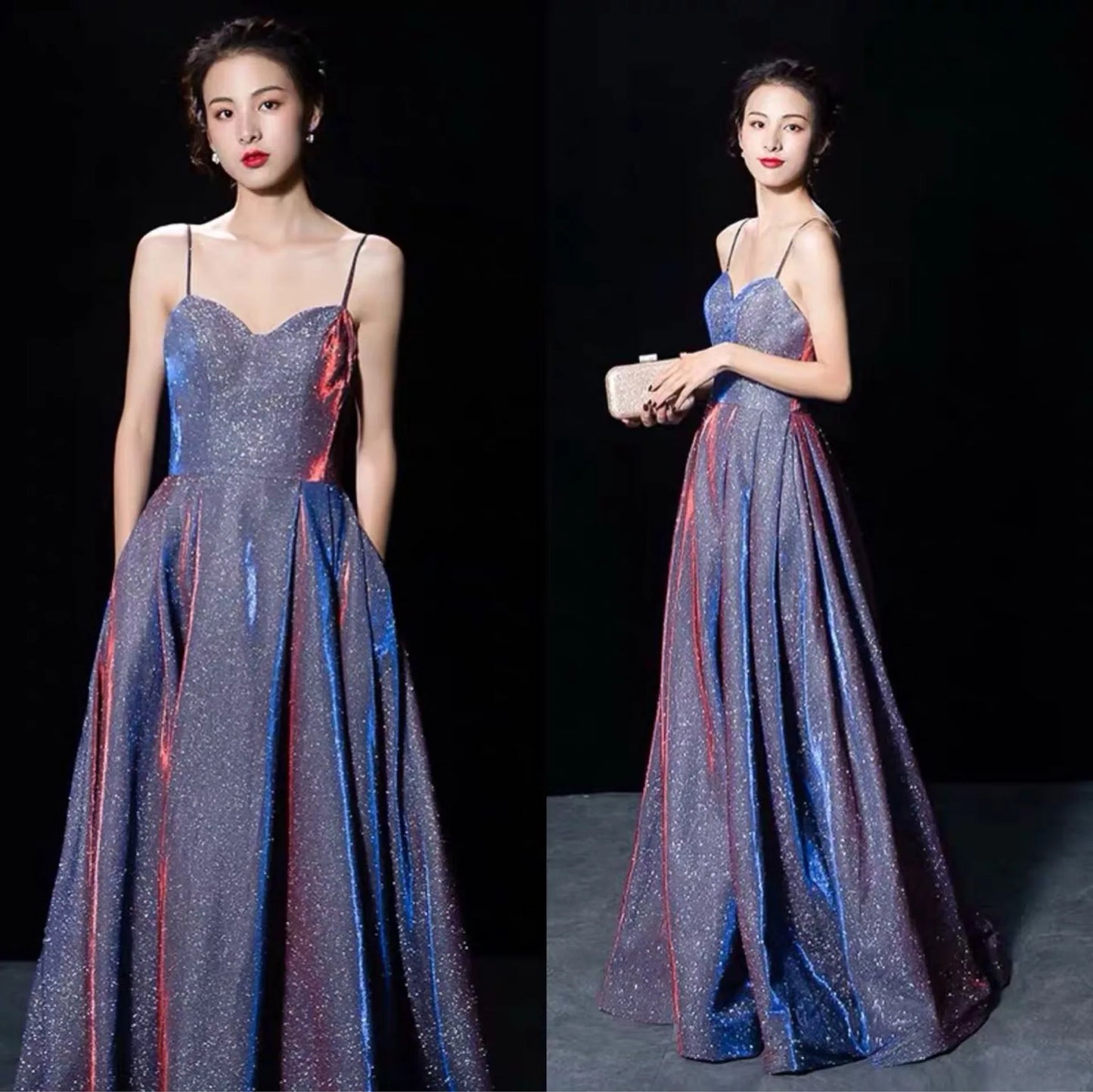 Elegant Glitter Banquet Dresses Women Fashion Spaghetti Straps Slimming Starry Sky Evening Party Dress Sexy Gown Prom Dress