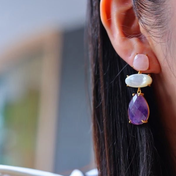 Einzigartige Design-Amethyst-Rosenquarz-Stein-Ohrringe