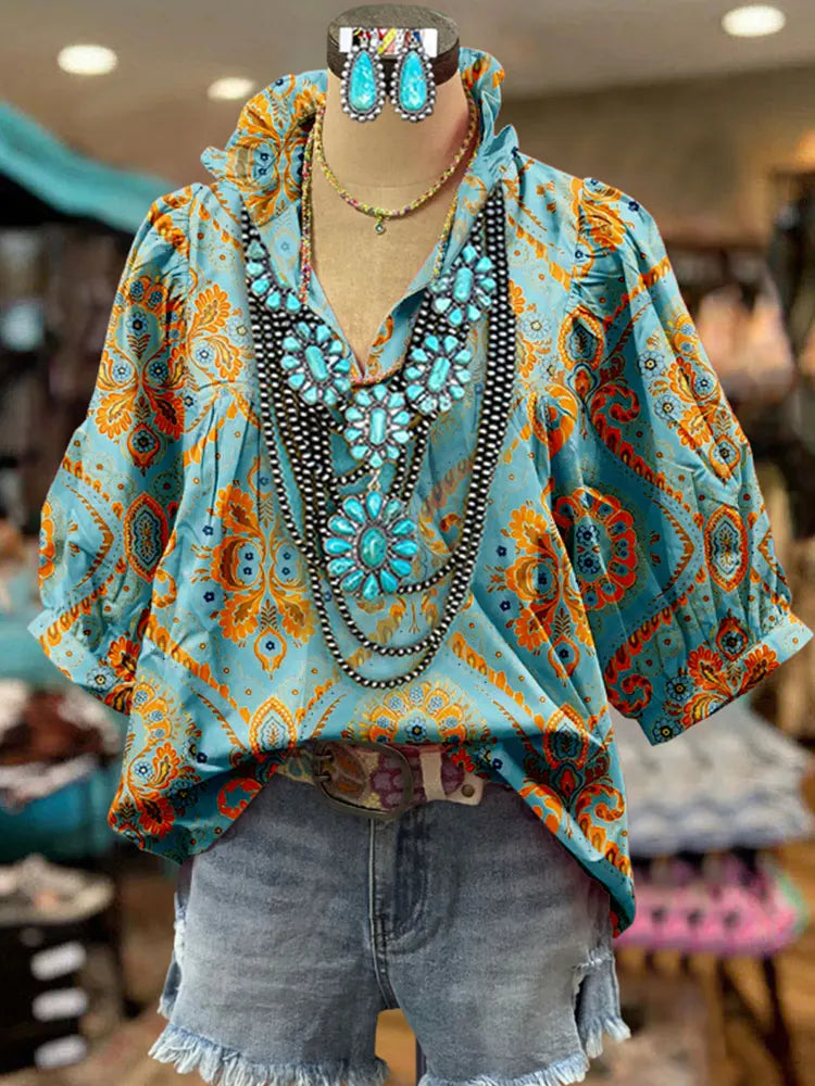 Floral Puff Sleeve Contrast Top Women Blouse