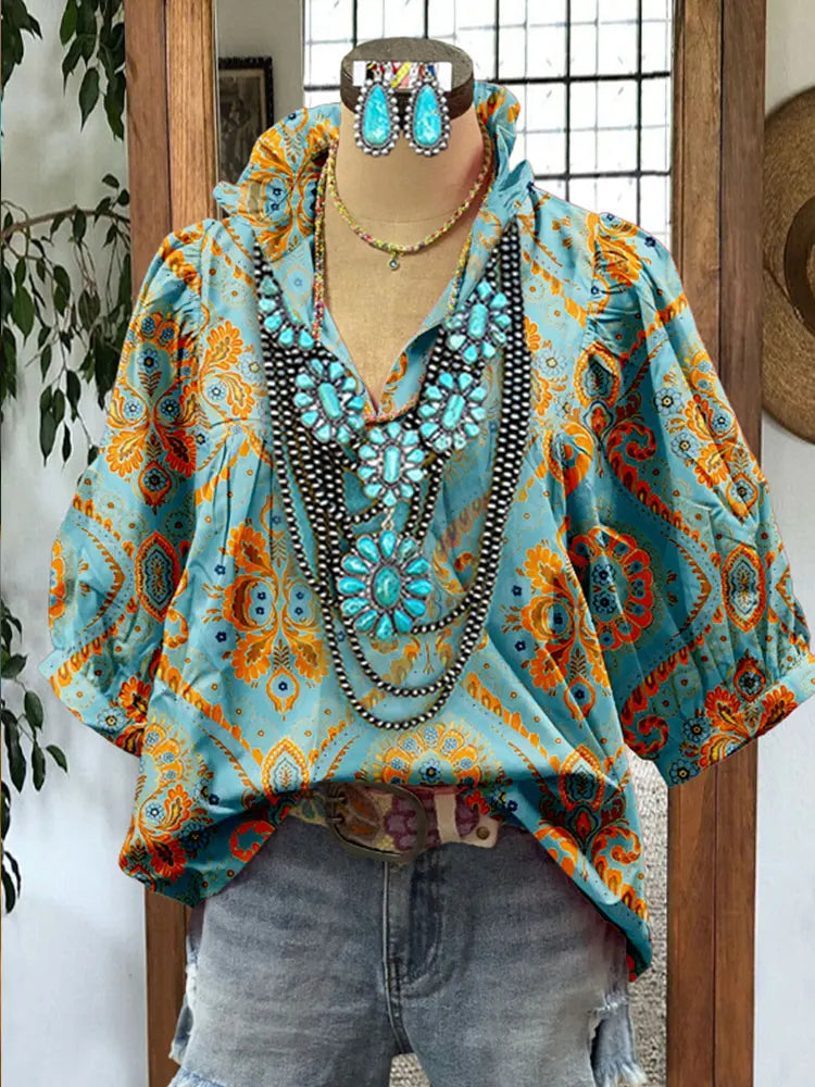 Floral Puff Sleeve Contrast Top Women Blouse
