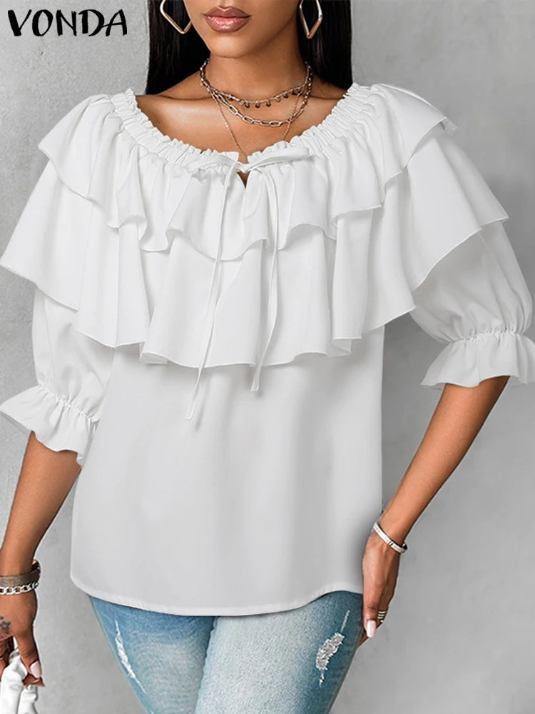 Plus Size 5XL VONDA Women Blouse Fashion Solid Color Off Shoulder Tunic 2024 Casual Multi-layer Ruffle Shirts Bohemian Tops
