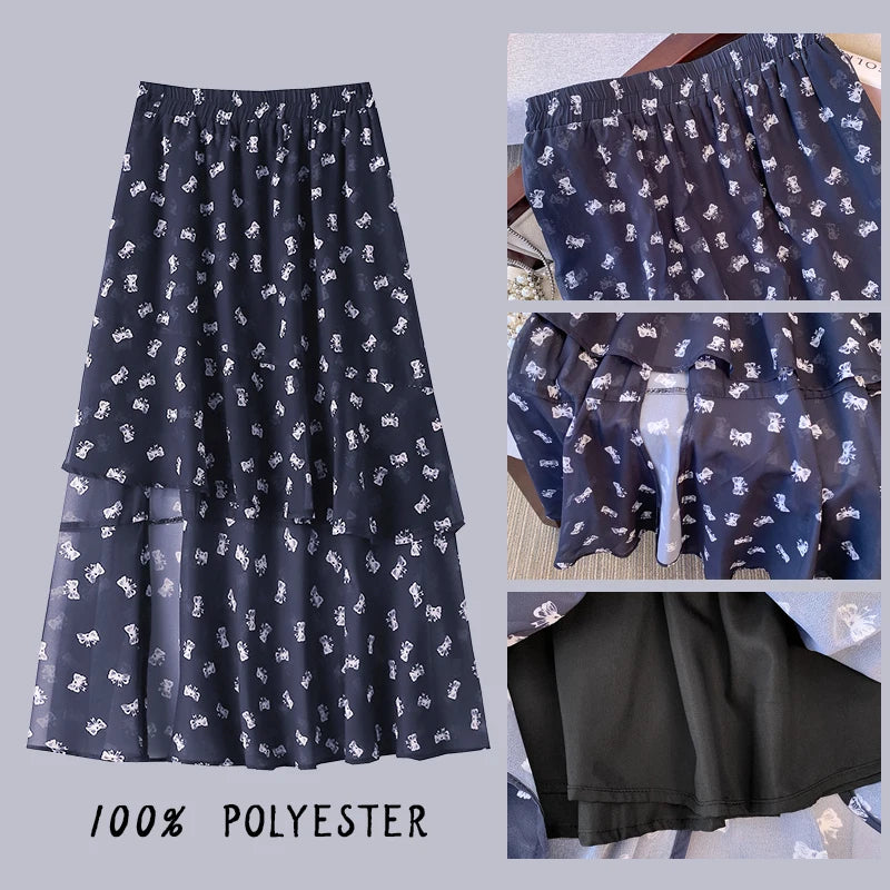 Plus size women's summer casual skirt Chiffon fabric loose comfortable breathable print skirt slit hem layer design party dress