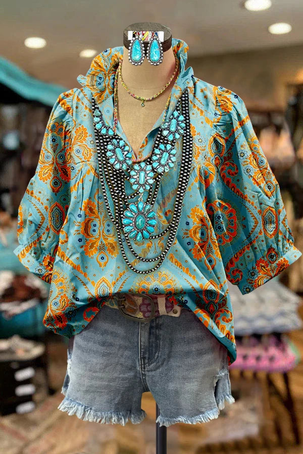 Floral Puff Sleeve Contrast Top Women Blouse