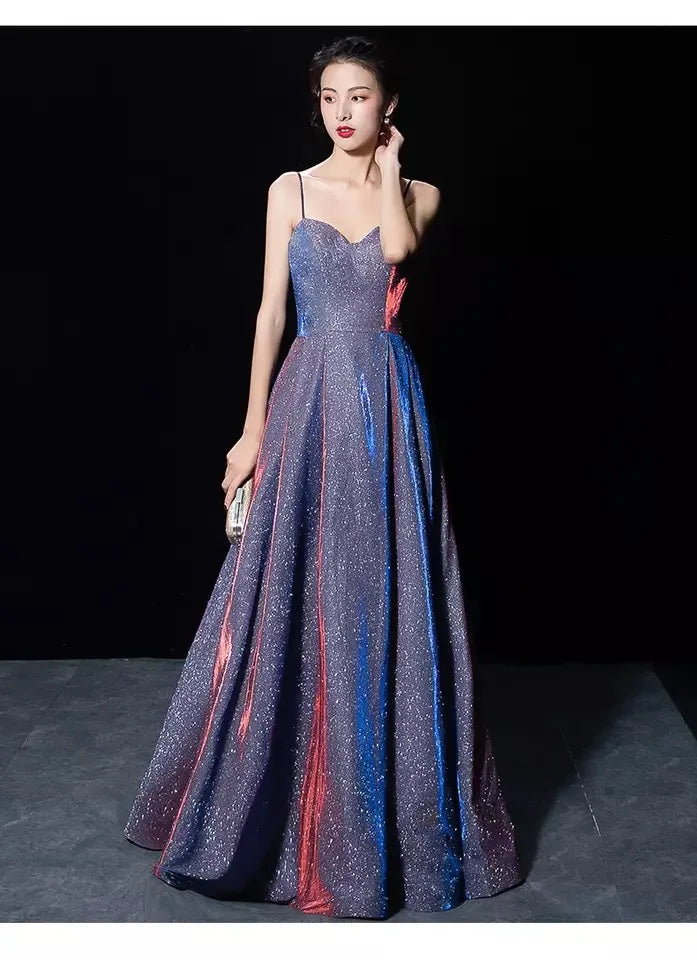 Elegant Glitter Banquet Dresses Women Fashion Spaghetti Straps Slimming Starry Sky Evening Party Dress Sexy Gown Prom Dress