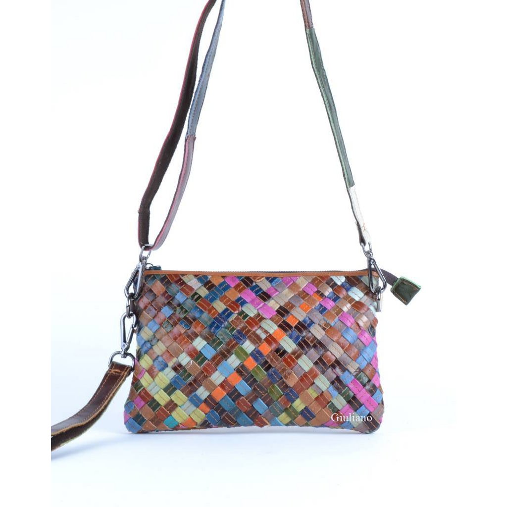 Clutch/Umhängetasche aus Leder | Mehrfarbig geflochten | 552680