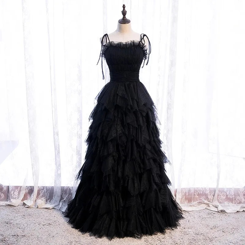 High Quality Cake Dress Fashion Strap Design Women Temperament Sleeveless Long Dress Black Ball Graduation Dress Birthday Party