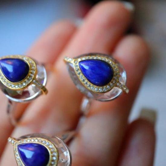 Lapislazuli Pear-Cut Clear Quartz Crystal Ring
