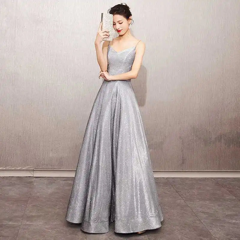 Elegant Glitter Banquet Dresses Women Fashion Spaghetti Straps Slimming Starry Sky Evening Party Dress Sexy Gown Prom Dress