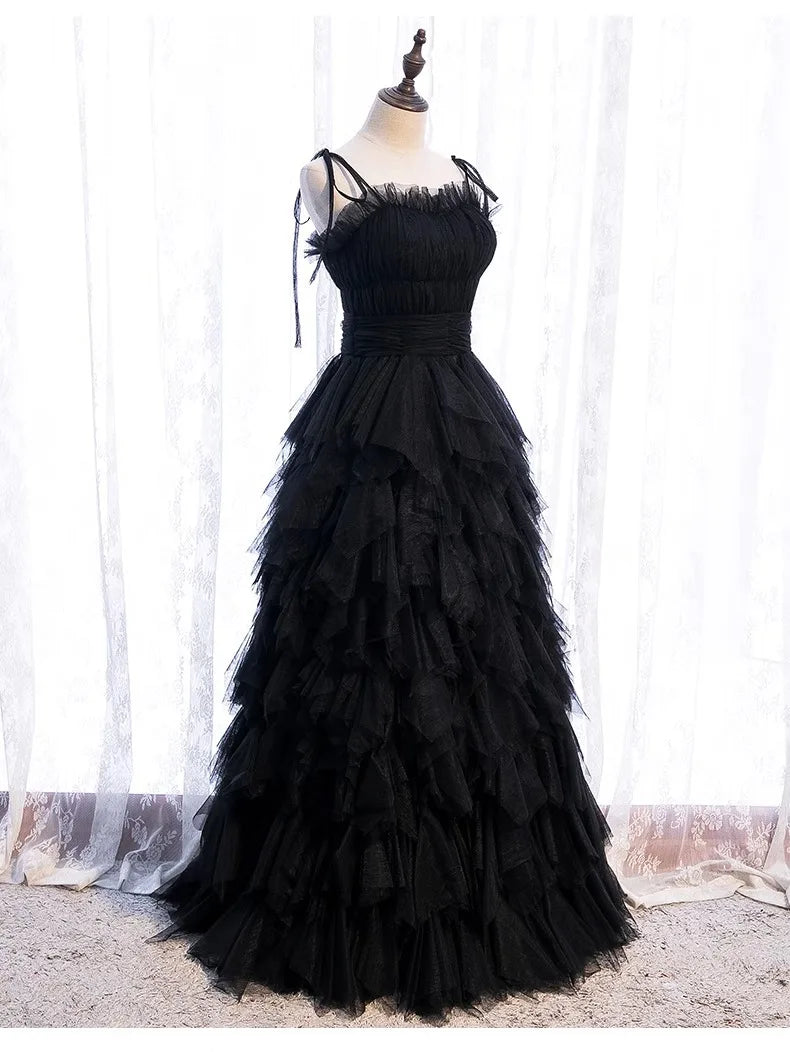 High Quality Cake Dress Fashion Strap Design Women Temperament Sleeveless Long Dress Black Ball Graduation Dress Birthday Party