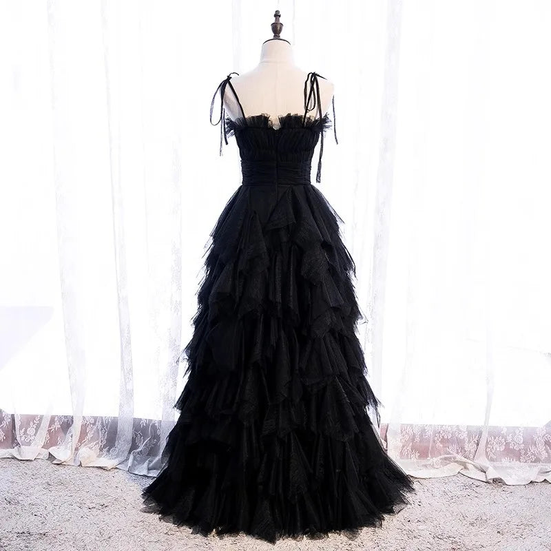 High Quality Cake Dress Fashion Strap Design Women Temperament Sleeveless Long Dress Black Ball Graduation Dress Birthday Party