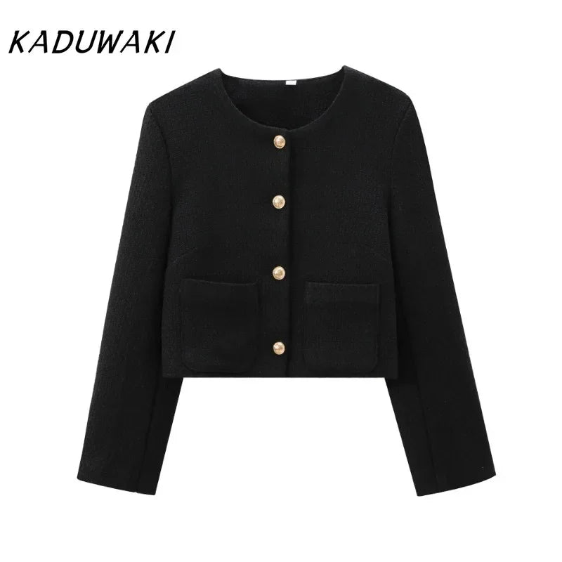 KADUWAKI Fashion Retro Round Neck Long-sleeved Chunky Jackets Casual Ins Classic Loose Outwear Small Perfume Short Coats بلوزات