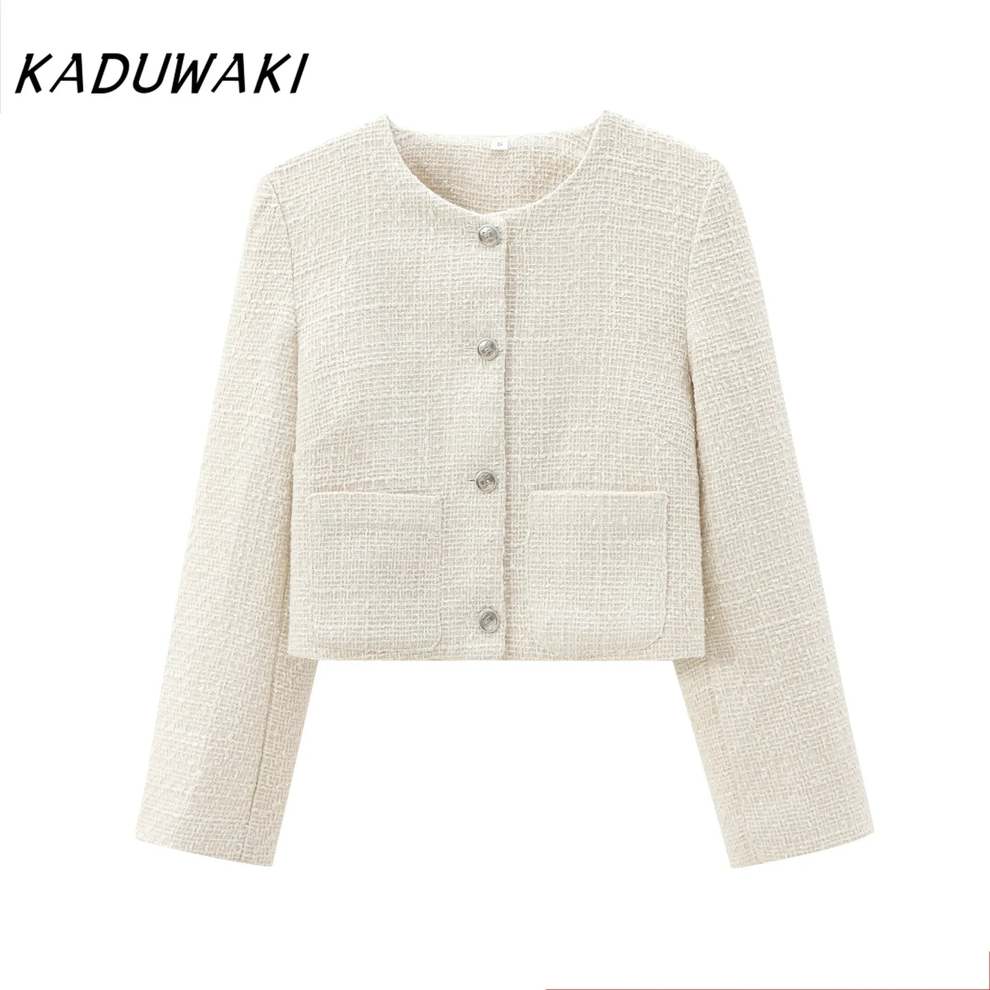 KADUWAKI Fashion Retro Round Neck Long-sleeved Chunky Jackets Casual Ins Classic Loose Outwear Small Perfume Short Coats بلوزات