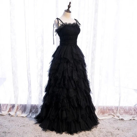 High Quality Cake Dress Fashion Strap Design Women Temperament Sleeveless Long Dress Black Ball Graduation Dress Birthday Party
