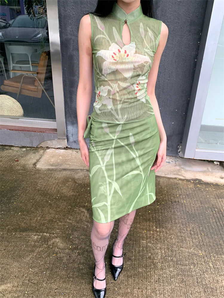 CHEERART Two Piece Set For Women Elegant Summer Outfit Green Lily Floral Vintage Top And Skirt Set Ladies Clothes 2024