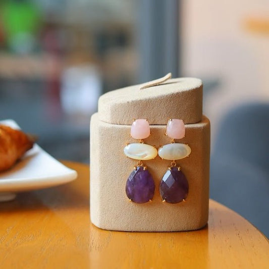 Einzigartige Design-Amethyst-Rosenquarz-Stein-Ohrringe
