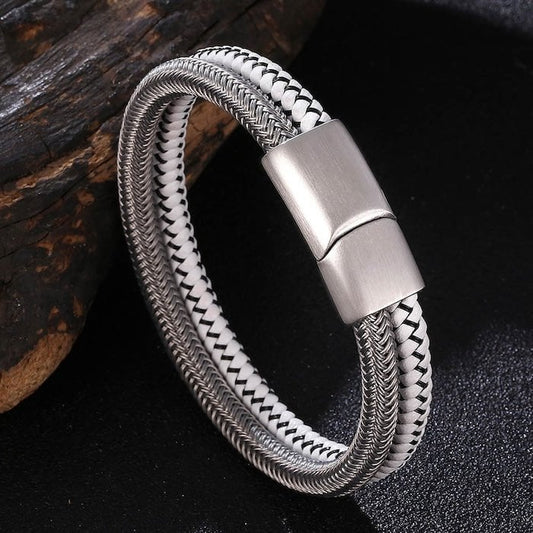 Silbernes geflochtenes Armband aus Stahl und weißem Leder