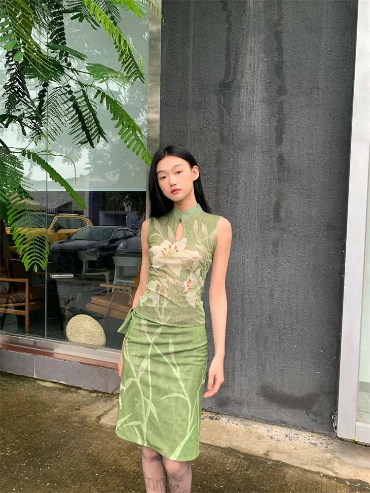 CHEERART Two Piece Set For Women Elegant Summer Outfit Green Lily Floral Vintage Top And Skirt Set Ladies Clothes 2024
