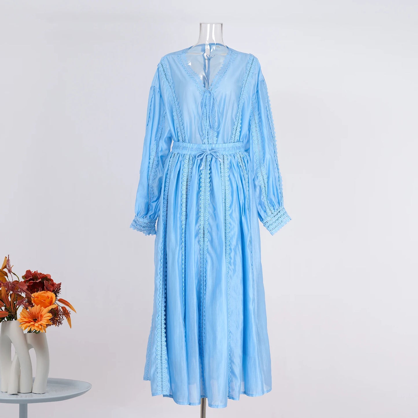 Elegant Hollow Out Maxi Dress 2 Piece Sets Women Big Size Lantern Sleeve Embroidery Shirts + Long Skirts Suits Luxury Outfits