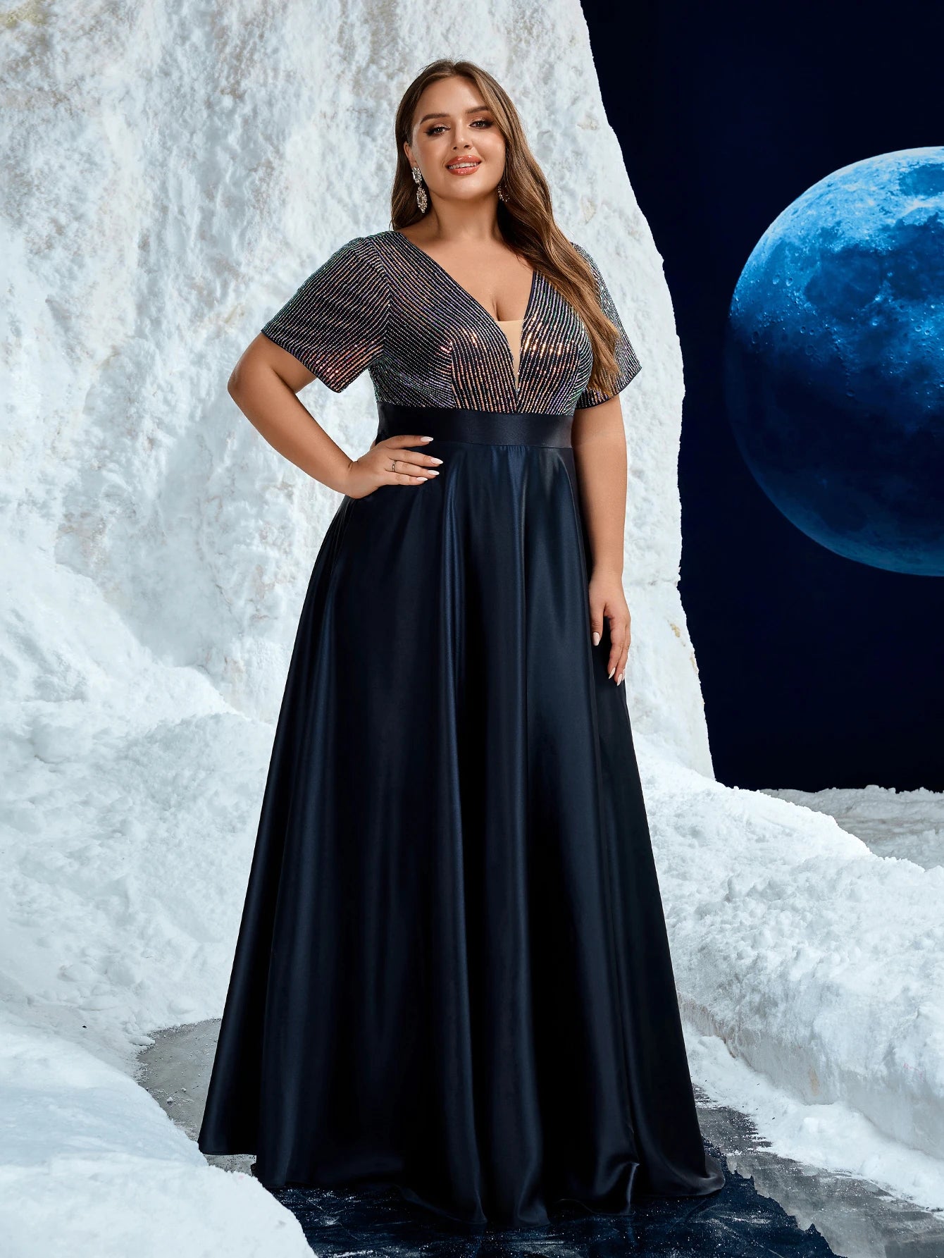 Unithorse Plus Women's V-Neck Glitter Sequin Patchwork Satin Formal Evening Dress