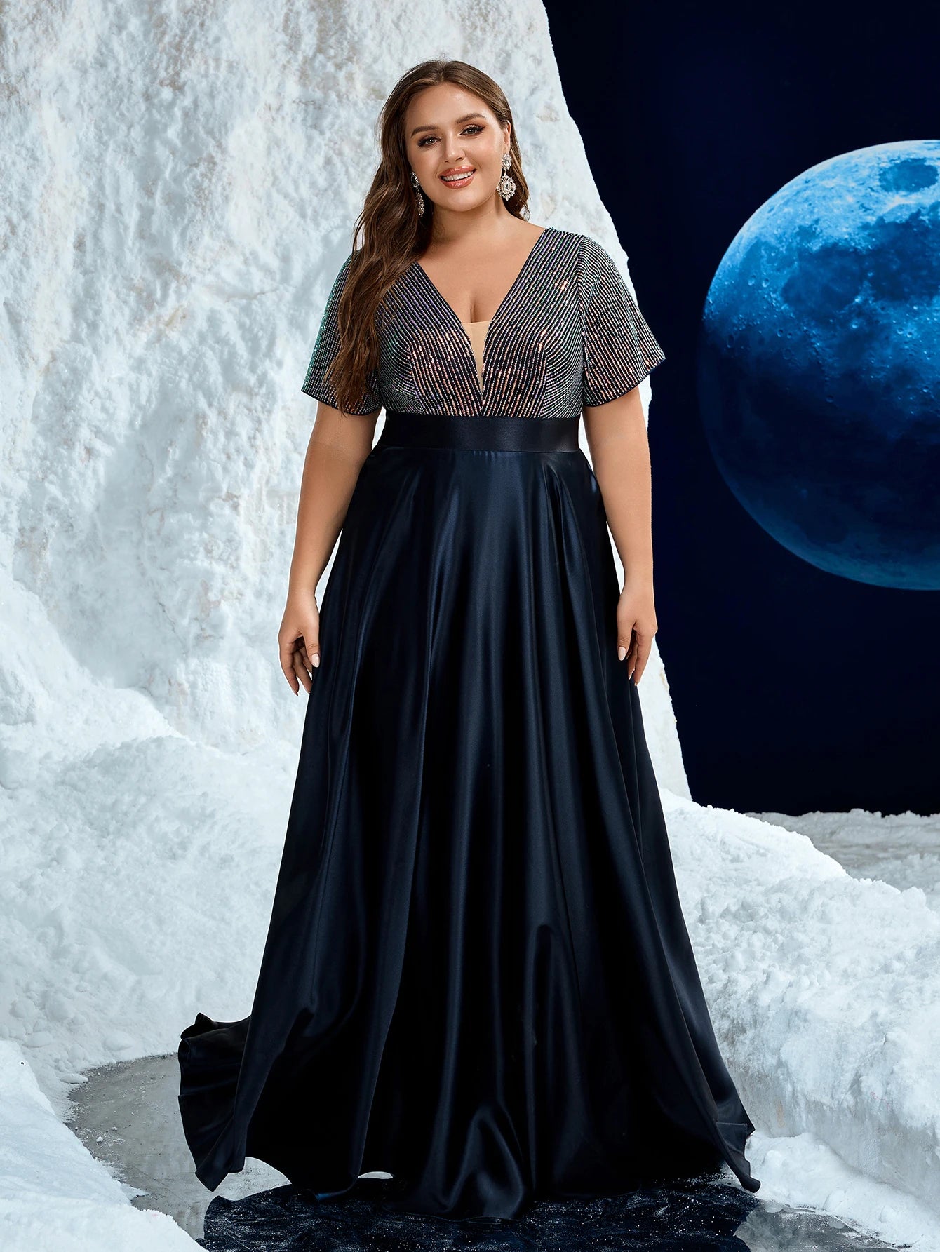 Unithorse Plus Women's V-Neck Glitter Sequin Patchwork Satin Formal Evening Dress