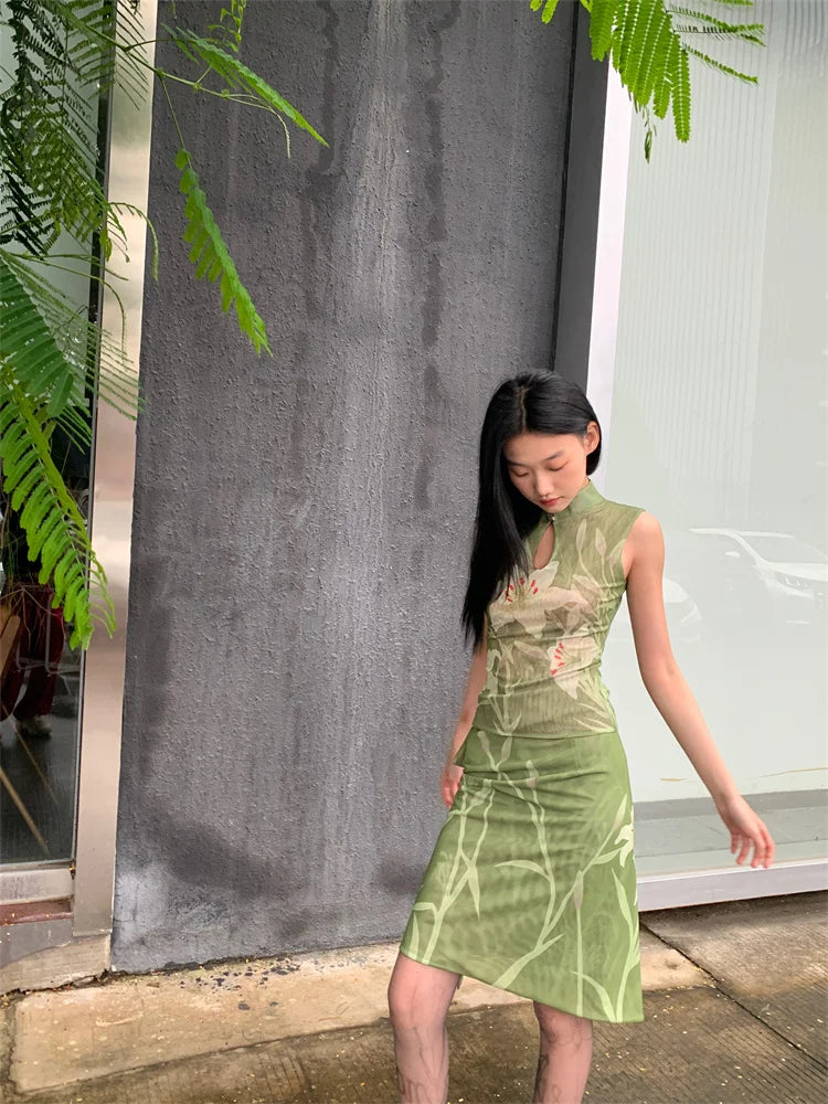 CHEERART Two Piece Set For Women Elegant Summer Outfit Green Lily Floral Vintage Top And Skirt Set Ladies Clothes 2024