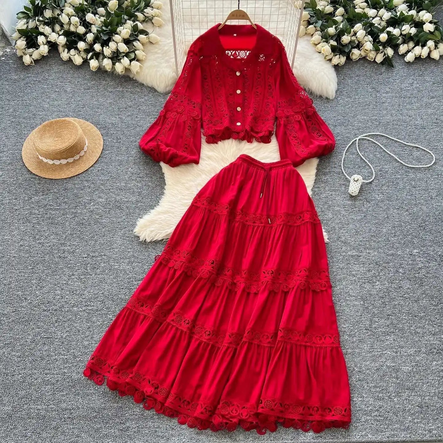 Elegant Hollow Out Maxi Dress 2 Piece Sets Women Big Size Lantern Sleeve Embroidery Shirts + Long Skirts Suits Luxury Outfits