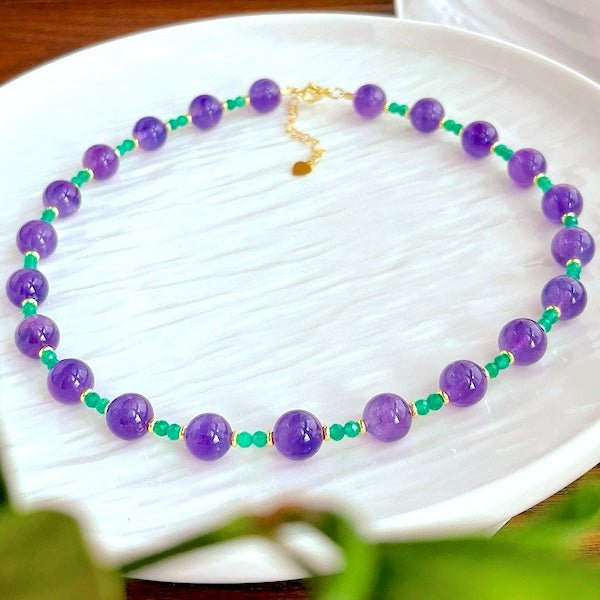 Amethyst-Grüner Onyx-Perlenhalskette und -Armband