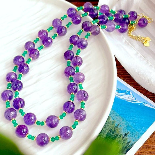 Amethyst-Grüner Onyx-Perlenhalskette und -Armband