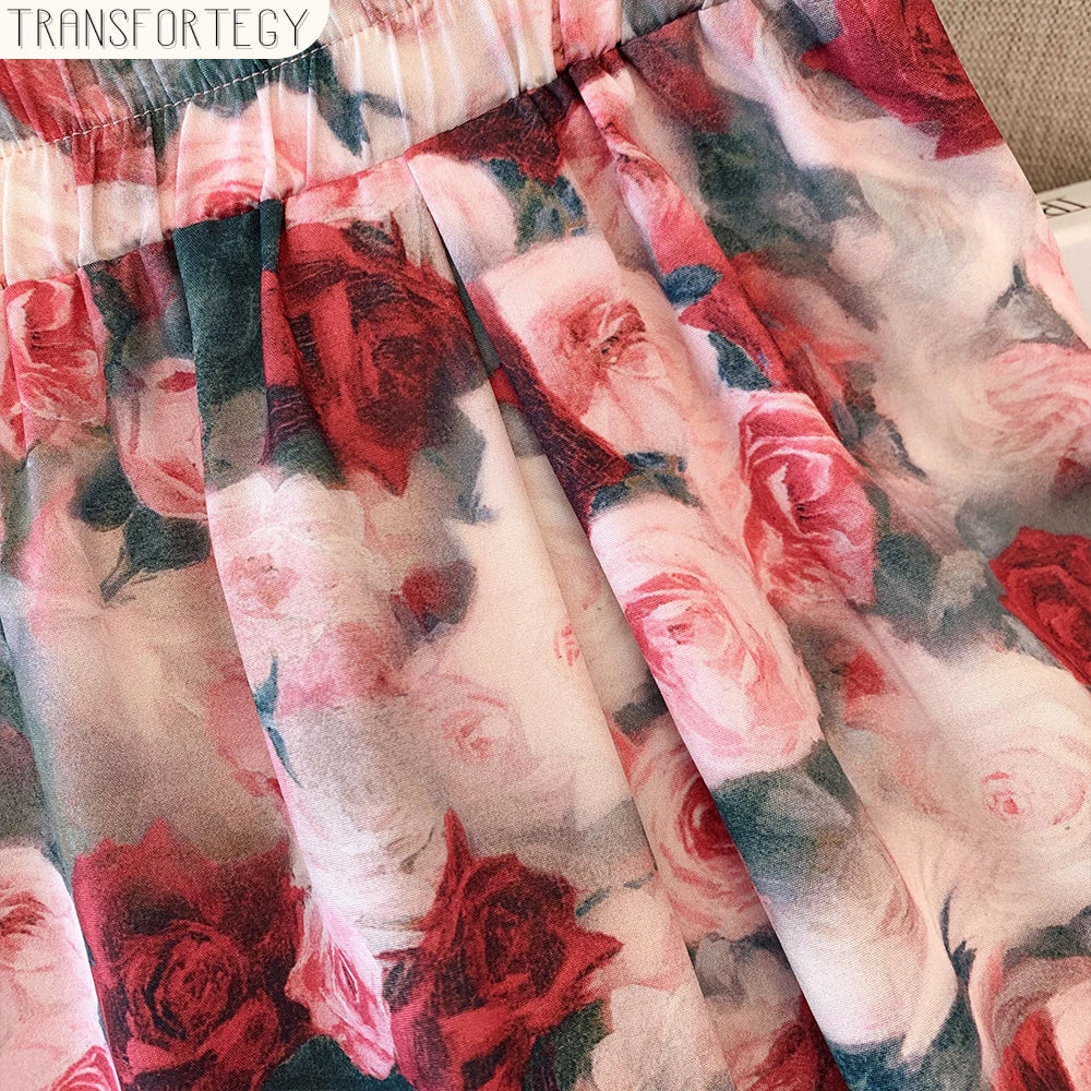 Plus-size women's summer casual commute loose comfortable skirt Flower print A-line high waist elastic waist long skirt large