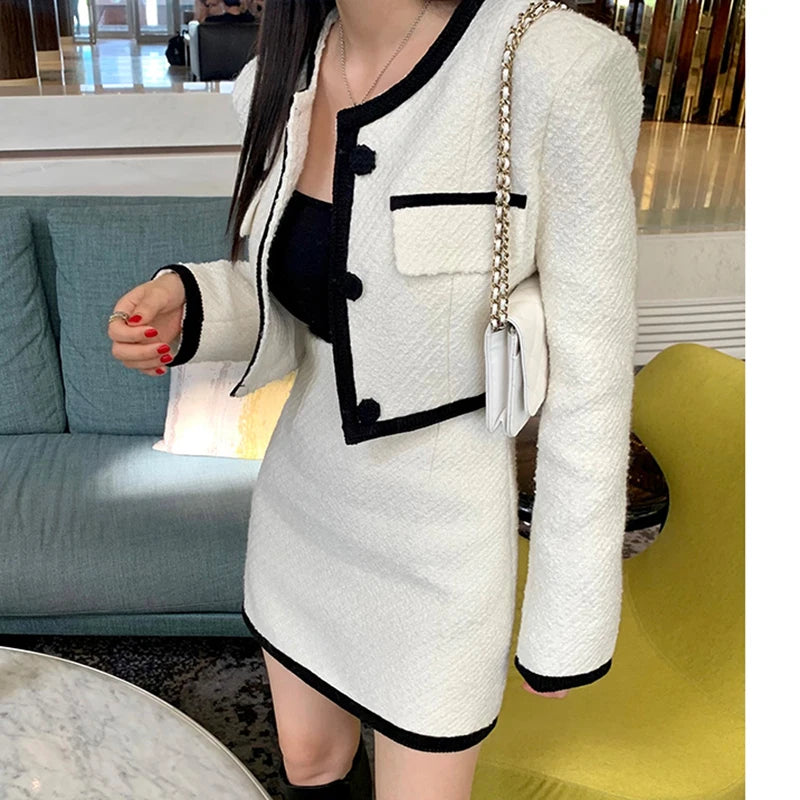 Small Fragrance Vintage Tweed Two Piece Set Elegant Korea Women Long Sleeve Short Jacket Coat + Mini Skirts 2024 New Autumn