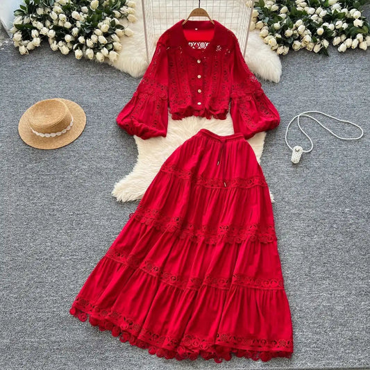 Elegant Hollow Out Maxi Dress 2 Piece Sets Women Big Size Lantern Sleeve Embroidery Shirts + Long Skirts Suits Luxury Outfits