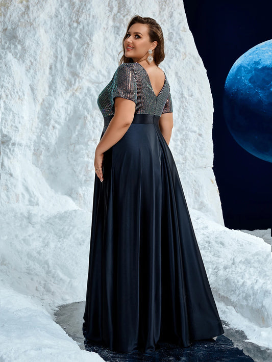 Unithorse Plus Women's V-Neck Glitter Sequin Patchwork Satin Formal Evening Dress