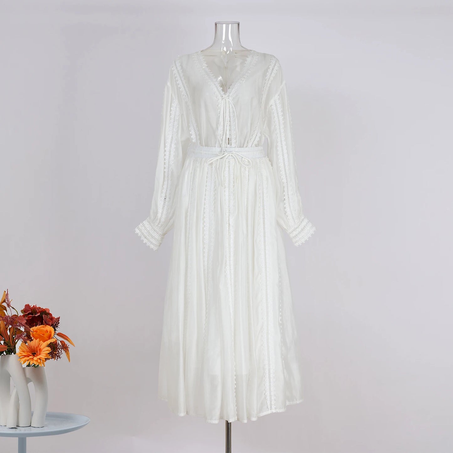 Elegant Hollow Out Maxi Dress 2 Piece Sets Women Big Size Lantern Sleeve Embroidery Shirts + Long Skirts Suits Luxury Outfits