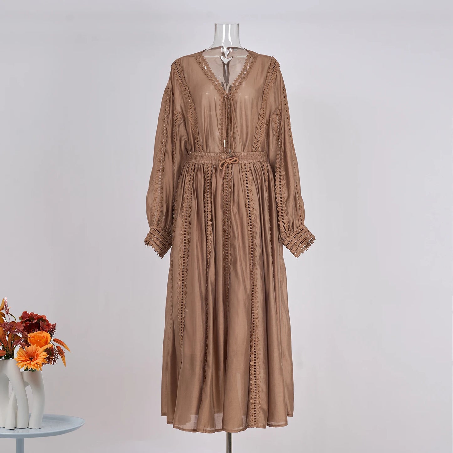 Elegant Hollow Out Maxi Dress 2 Piece Sets Women Big Size Lantern Sleeve Embroidery Shirts + Long Skirts Suits Luxury Outfits