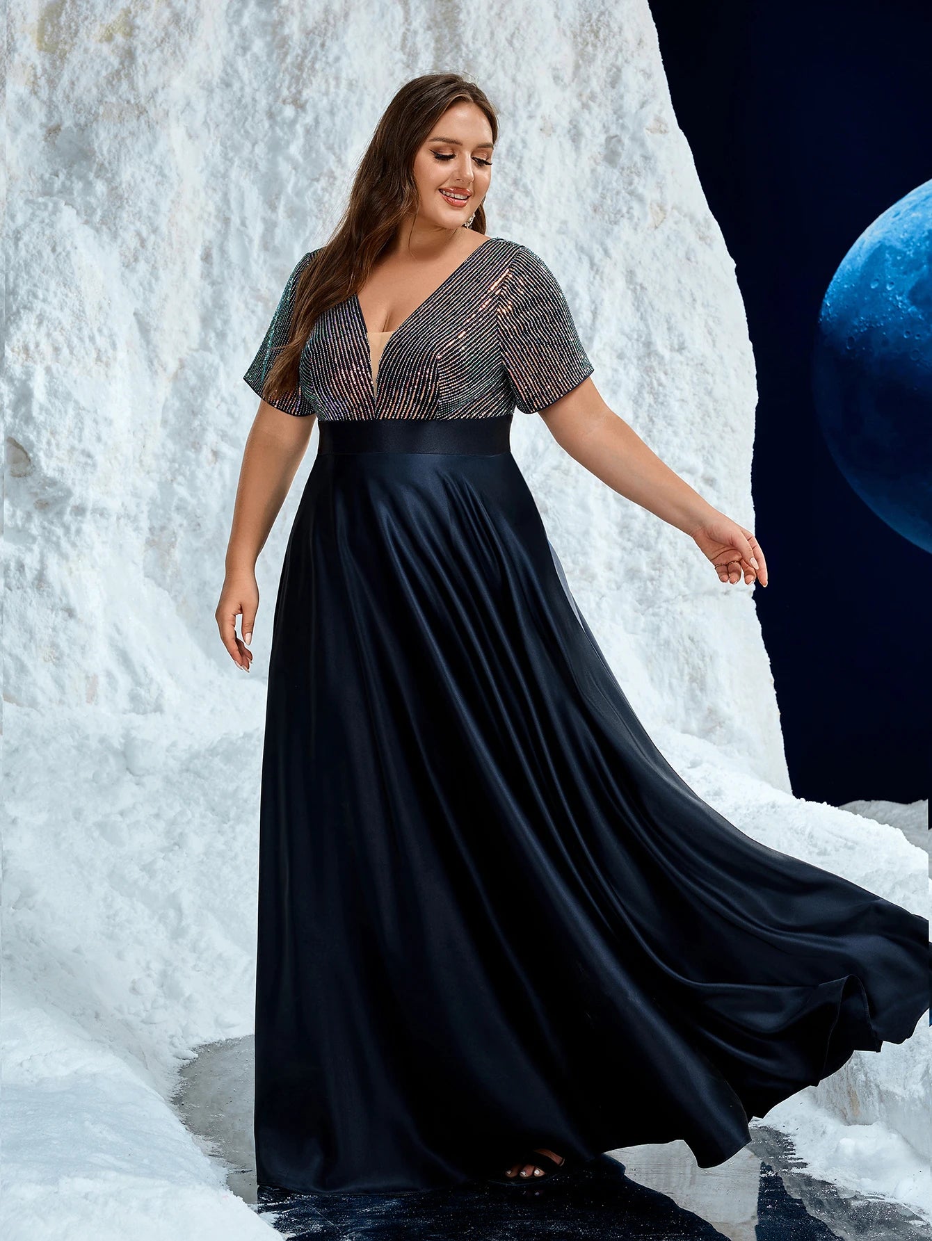 Unithorse Plus Women's V-Neck Glitter Sequin Patchwork Satin Formal Evening Dress