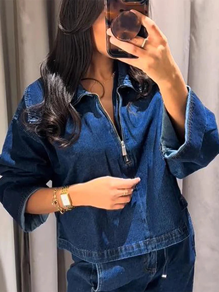 Spring New Women's Trendy Denim Pants Set Lapel Shirt Matching High Waist Straight Wide Leg Jeans Casual Lady Streetwear Outfits