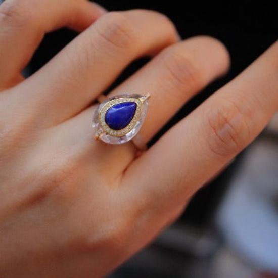 Lapislazuli Pear-Cut Clear Quartz Crystal Ring